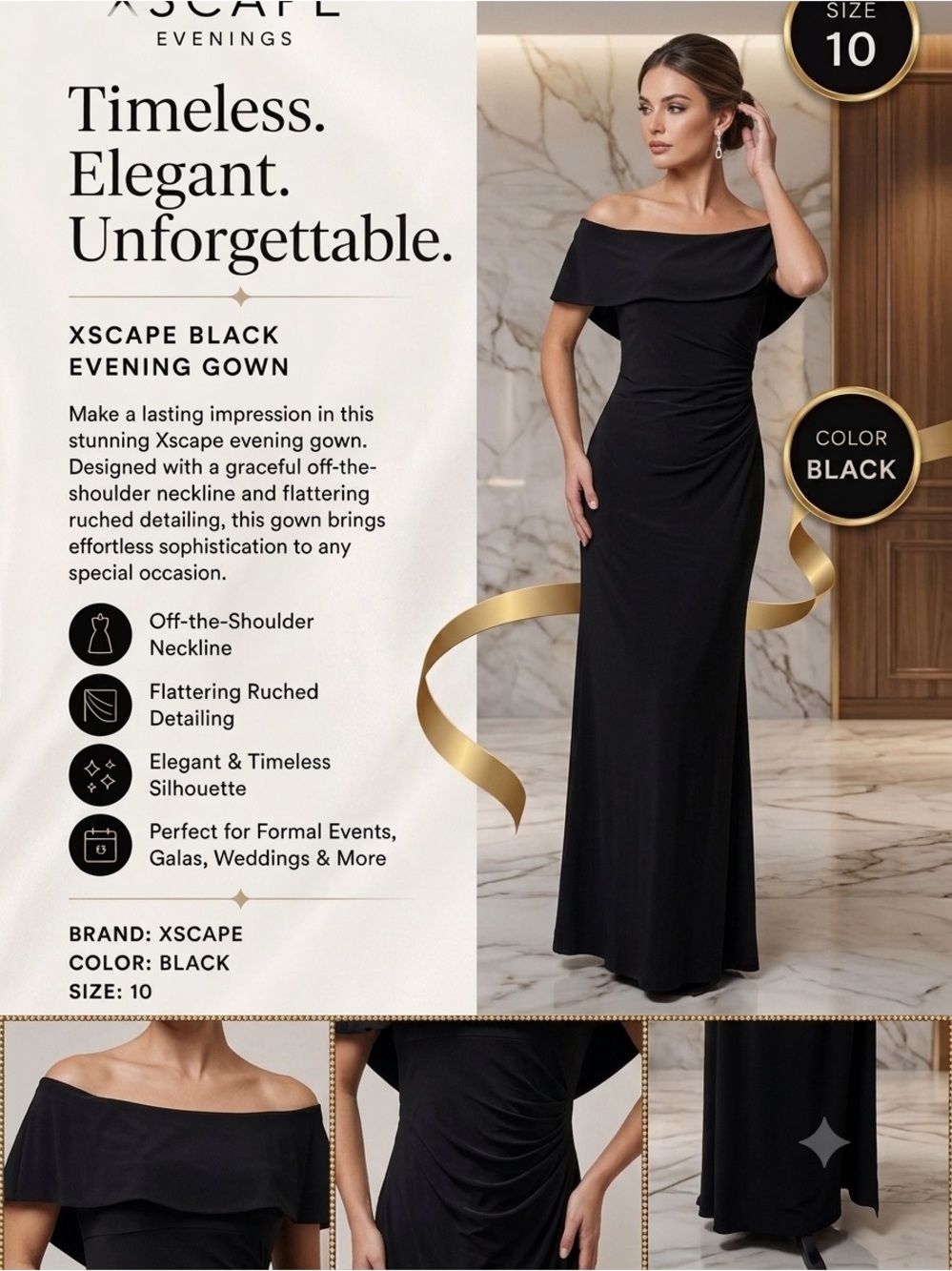 Xscape Black Off Shoulder Evening Gown with Draped Overlay